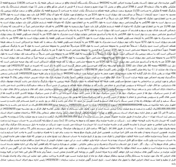 آگهی مزایده ششدانگ یکدستگاه آپارتمان واقع در سمت شرقی طبقه یک به مساحت 116/26 مترمربع قطعه 2 تفکیکی