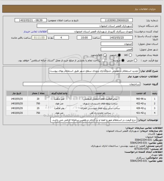 استعلام تجدید استعلام درخصوص جدولگذاری ورودی سطح شهر طبق استعلام بهای پیوست