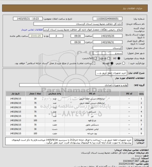 استعلام خرید تجهیزات اطفا حریق و....