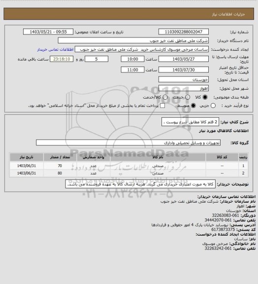 استعلام 2 قلم کالا مطابق شرح پیوست .