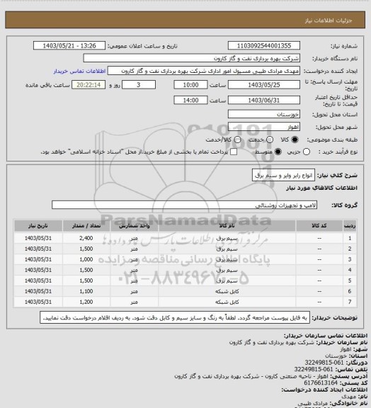 استعلام انواع رابر وایر و سیم برق