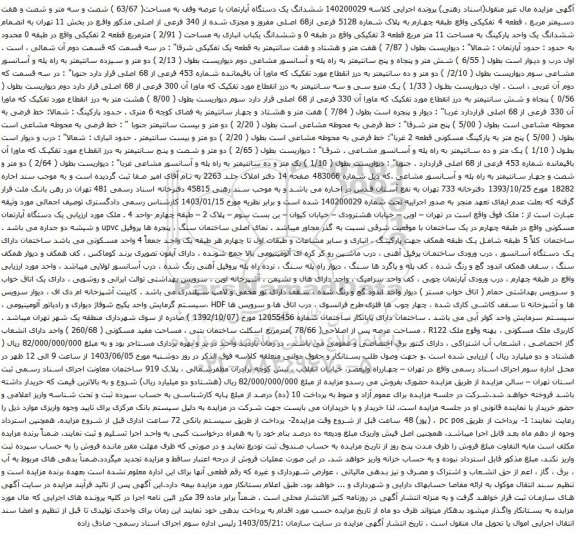 آگهی مزایده  ششدانگ یک دستگاه آپارتمان با عرصه وقف به مساحت( 63/67 ) شصت و سه متر و شصت و هفت دسیمتر مربع