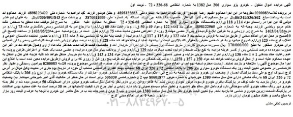 مزایده فروش خودرو  پژو  سواری  206  مدل 1382