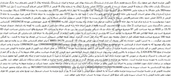 آگهی مزایده یک دانگ و پنج هفتم دانگ مشاع از ششدانگ باستثناء بهای ثمن عرصه و اعیان ششدانگ یکبابخانه پلاک 2 