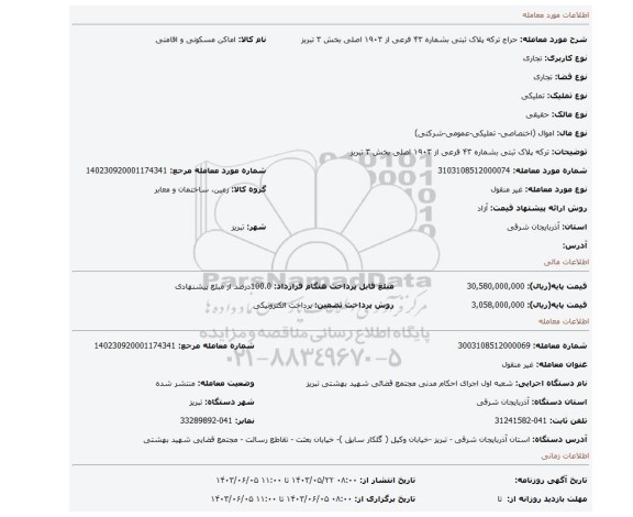 مزایده، ترکه پلاک ثبتی بشماره ۴۳ فرعی از ۱۹۰۳ اصلی بخش ۳ تبریز