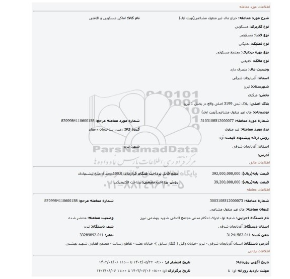 مزایده، مال غیر منقول مشاعی(نوبت اول)