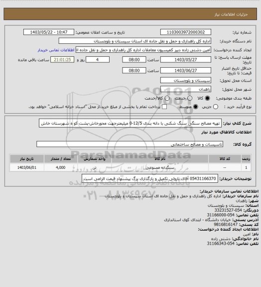 استعلام تهیه مصالح سنگی سنگ شکنی با دانه بندی 12/5-0 میلیمترجهت محورخاش-پشت کو ه شهرستان خاش