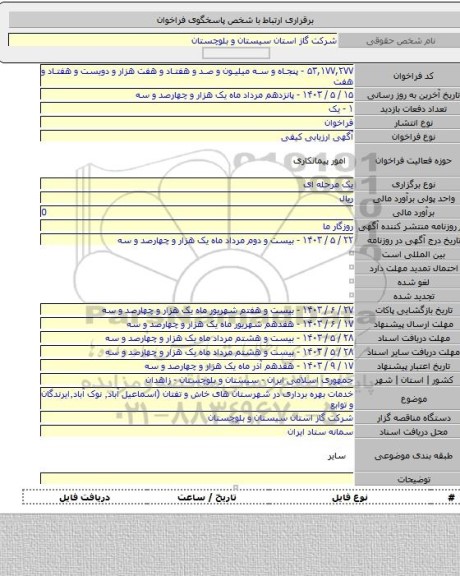 مناقصه, خدمات بهره برداری در شهرستان های خاش و تفتان (اسماعیل آباد٬ نوک آباد٬ایرندگان و توابع