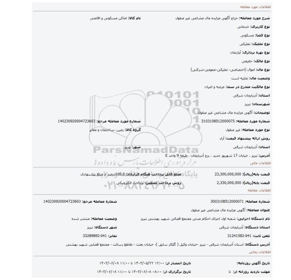 مزایده، آگهی مزایده مال مشاعی غیر منقول