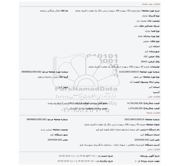 مزایده، مزایده 42 سهم از 100 سهم از شش دانگ یک مغازه با کاربری تجاری