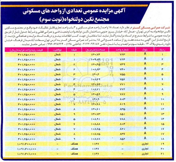 آگهی مزایده فروش تعدادی از واحدهای مسکونی و تجاری - نوبت سوم 