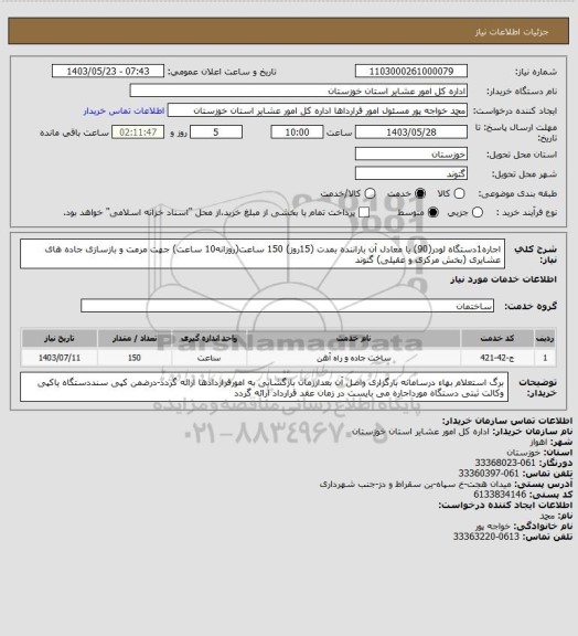 استعلام اجاره1دستگاه لودر(90) یا معادل آن باراننده بمدت (15روز)  150 ساعت(روزانه10 ساعت) جهت  مرمت و بازسازی جاده های  عشایری (بخش مرکزی و عقیلی) گتوند