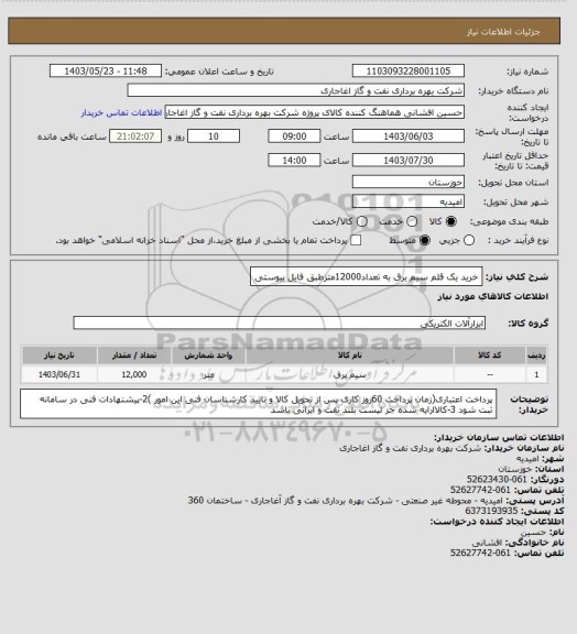 استعلام خرید یک قلم سیم برق به تعداد12000متزطبق فایل پیوستی