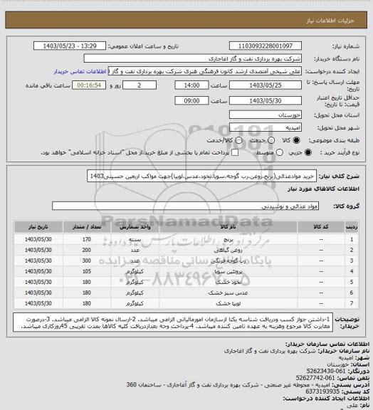 استعلام خرید موادغذائی(برنج،روغن،رب گوجه،سویا،نخود،عدس،لوبیا)جهت مواکب اربعین حسینی1403