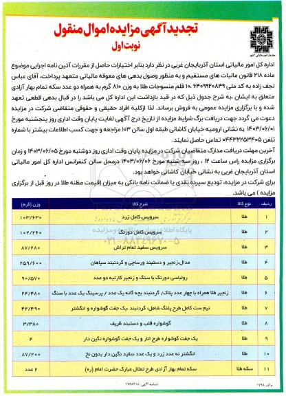 تجدید مزایده فروش ده قلم منسوجات طلا به وزن 810 گرم به همراه دو عدد سکه تمام بهار آزادی 