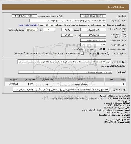 استعلام خرید 1400تن مصالح سنگی شکسته با دانه بندی 12/5-0 میلیمتر جهت لکه گیری محور روستایی شهرک میر