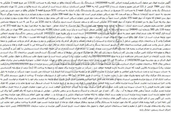 آگهی مزایده ششدانگ یک دستگاه آپارتمان واقع در طبقه یکم به مساحت 115.52 متر مربع قطعه 2 تفکیکی به پلاک ثبتی 7984 فرعی از 121 اصلی