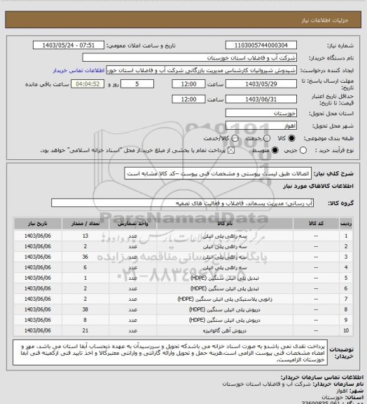 استعلام اتصالات طبق لیست پیوستی و مشخصات فنی پیوست –کد کالا مشابه است