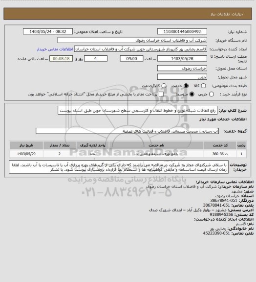 استعلام رفع اتفاقات شبکه توزیع و خطوط انتقال و کلرسنجی سطح شهرستان جوین طبق اسناد پیوست