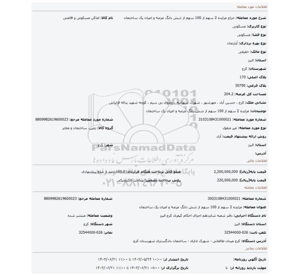 مزایده، مزایده 2 سهم از 100 سهم از شش دانگ عرصه و اعیان یک ساختمان