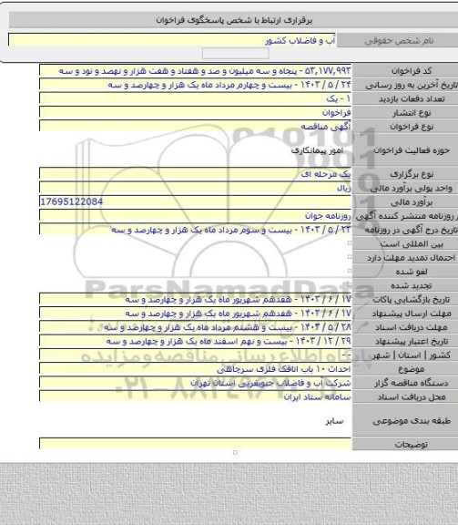 مناقصه, احداث ۱۰ باب اتاقک فلزی سرچاهی