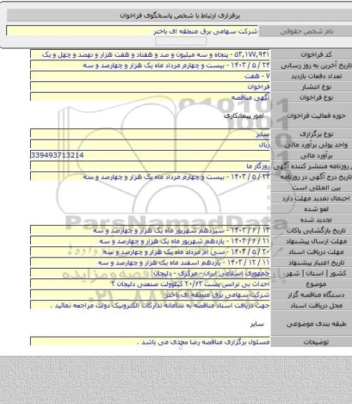 مناقصه, احداث بی ترانس پست ۲۰/۶۳ کیلوولت صنعتی دلیجان ۲