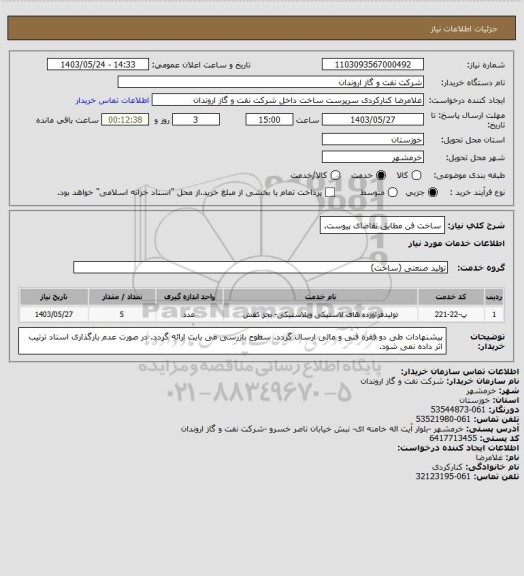 استعلام ساخت فن مطابق تقاضای پیوست.