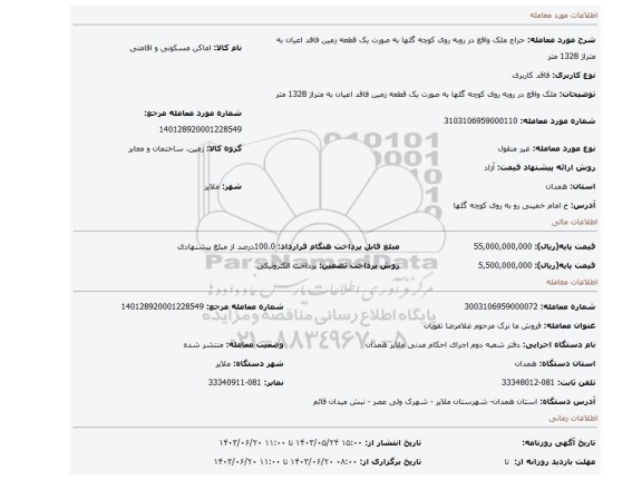 مزایده، ملک واقع در روبه روی کوچه گلها به صورت یک قطعه زمین فاقد اعیان به متراژ 1328 متر