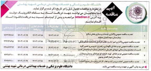 مناقصه واگذاری خدمات پرستاری بخش دیالیز بیمارستان .....