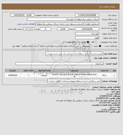 استعلام تعمیر و بازسازی مامور سراهای یک و دو ملی راه. طبق اسناد پیوست.