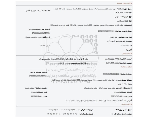 مزایده، ملک واقع در سعیدیه بالا، مجتمع مسکونی 600 واحدی سعیدیه، بلوک 5B، طبقه دوم واحد شماره 458