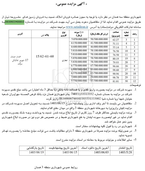  مزایده فروش زمین به پلاک ثبتی 15.62-61-60 