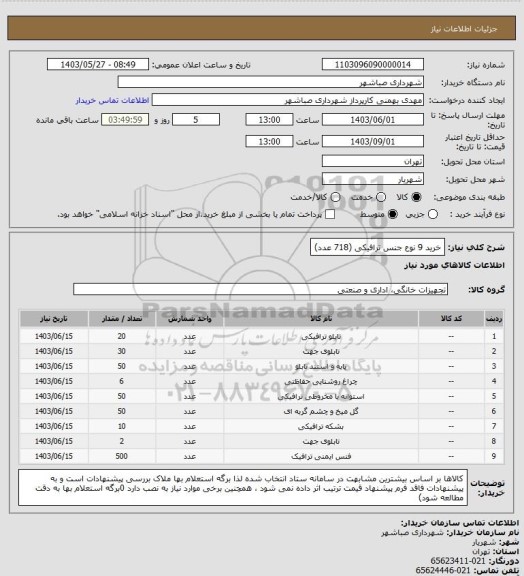 استعلام خرید 9 نوع جنس ترافیکی (718 عدد)