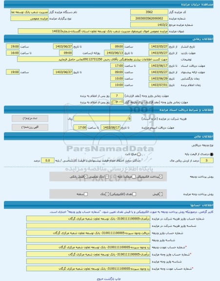 مزایده ، مزایده عمومی اموال غیرمنقول مدیریت شعب بانک توسعه تعاون استان گلستان-شماره1403/2 -مزایده ویلایی  - استان گلستان