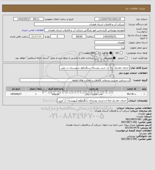 استعلام اجرای خط برق چاه اب شرب روستای سنگرانکوه شهرستان در جزین