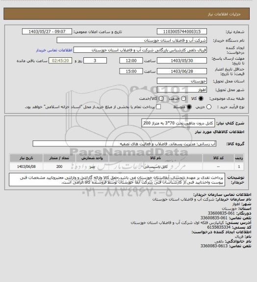 استعلام کابل درون چاهی تخت 70*3 به متراژ 200