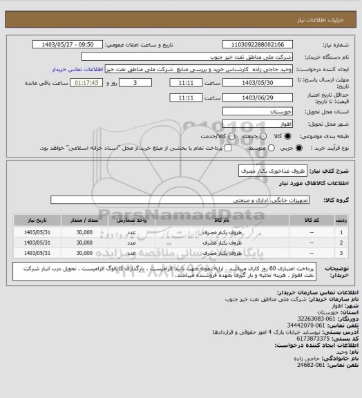 استعلام ظروف غذاخوری یکبار مصرف