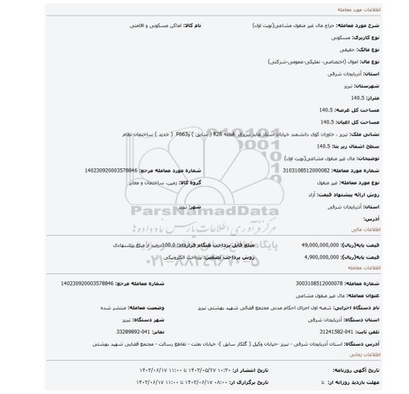 مزایده، مال غیر منقول مشاعی(نوبت اول)