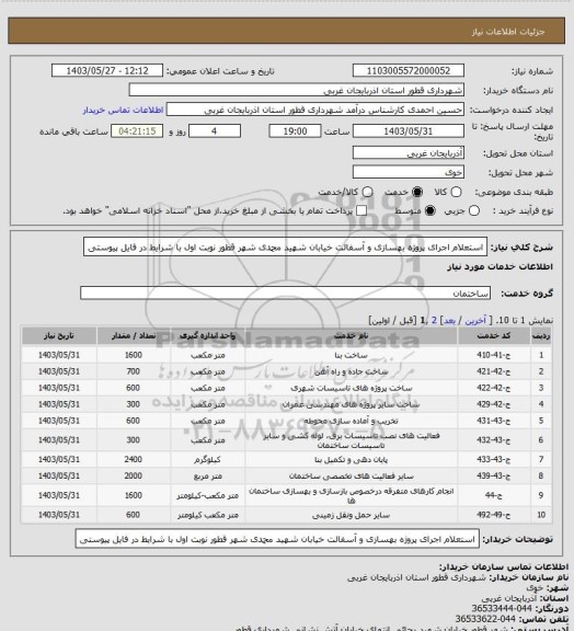 استعلام استعلام اجرای پروژه بهسازی و آسفالت خیابان شهید محمدی شهر قطور نوبت اول با شرایط در فایل پیوستی