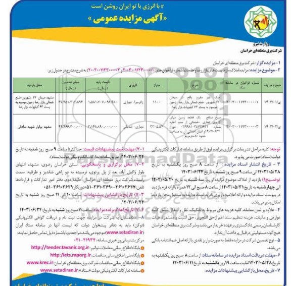 مزایده املاک مازاد پستهای بازار رضا و حامد با کاربری زائرسرا- تجاری