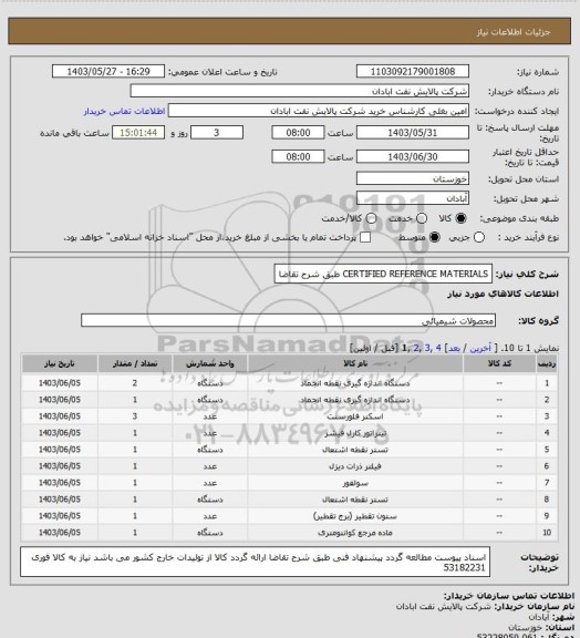 استعلام CERTIFIED REFERENCE MATERIALS طبق شرح تقاضا