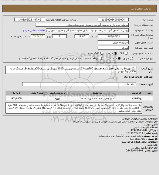 استعلام دیگ توربو 9 پره- پمپ خطی2اینچ -مشعل 280هزار-103متررادیاتورپنلی -1000کیلورنگ پلاستیک-50عددکناف-18کیلورنگ مادر-360کیلورنگ روغن