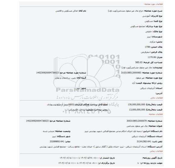 مزایده، مال غیر منقول مشاعی(نوبت اول)