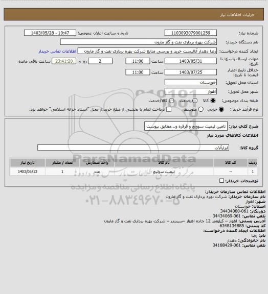 استعلام تامین لیمیت سوویچ و قرقره و...مطابق پیوست