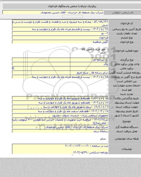 مناقصه, ش/۱۴۰۳/۱۴ - مناقصه خرید تجهیزات و عملیات اجرایی خط هوایی ۴۰۰ کیلوولت زکریا - امام رضا(ع)