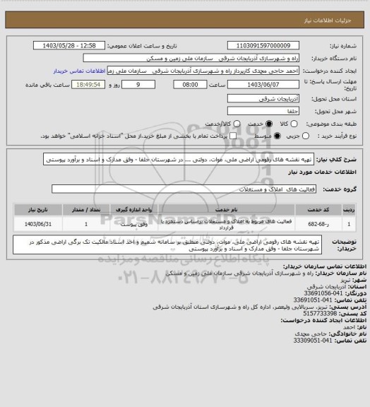 استعلام تهیه نقشه های رقومی اراضی ملی، موات، دولتی ... در شهرستان جلفا - وفق مدارک و اسناد و برآورد پیوستی