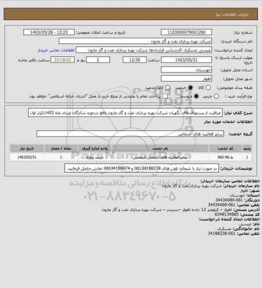 استعلام مراقبت از پستهای فاقد نگهبان شرکت بهره برداری نفت و گاز مارون واقع درحوزه شادگان مرداد ماه 1403تکرار اول