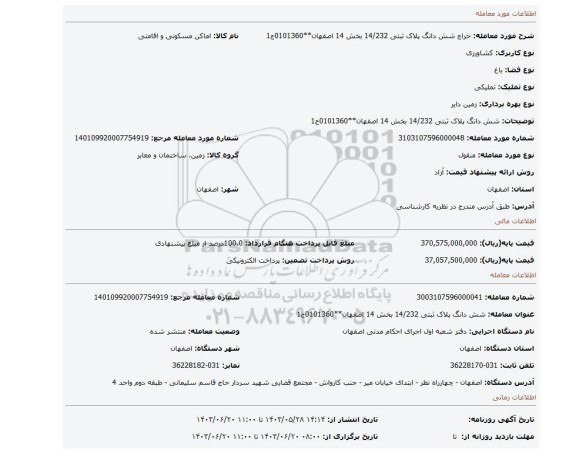 مزایده، شش دانگ پلاک ثبتی 14/232 بخش 14 اصفهان**0101360ج1