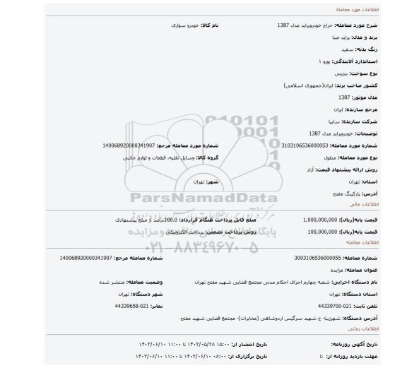 مزایده، خودروپراید مدل 1387