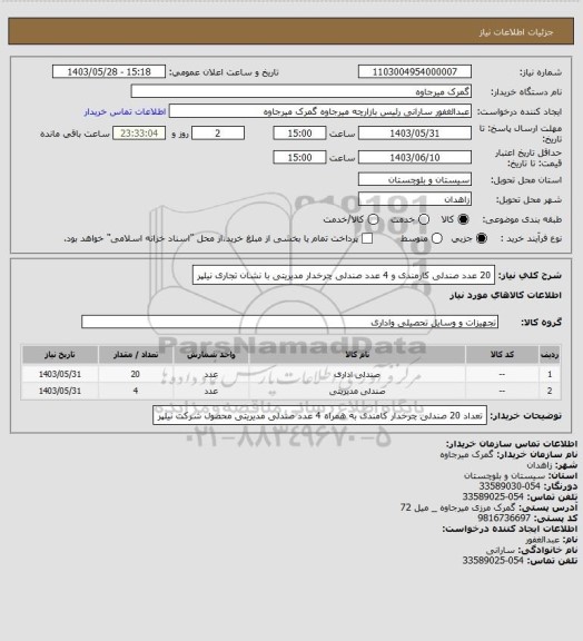 استعلام 20 عدد صندلی کارمندی و 4 عدد صندلی چرخدار مدیریتی با نشان تجاری نیلپر